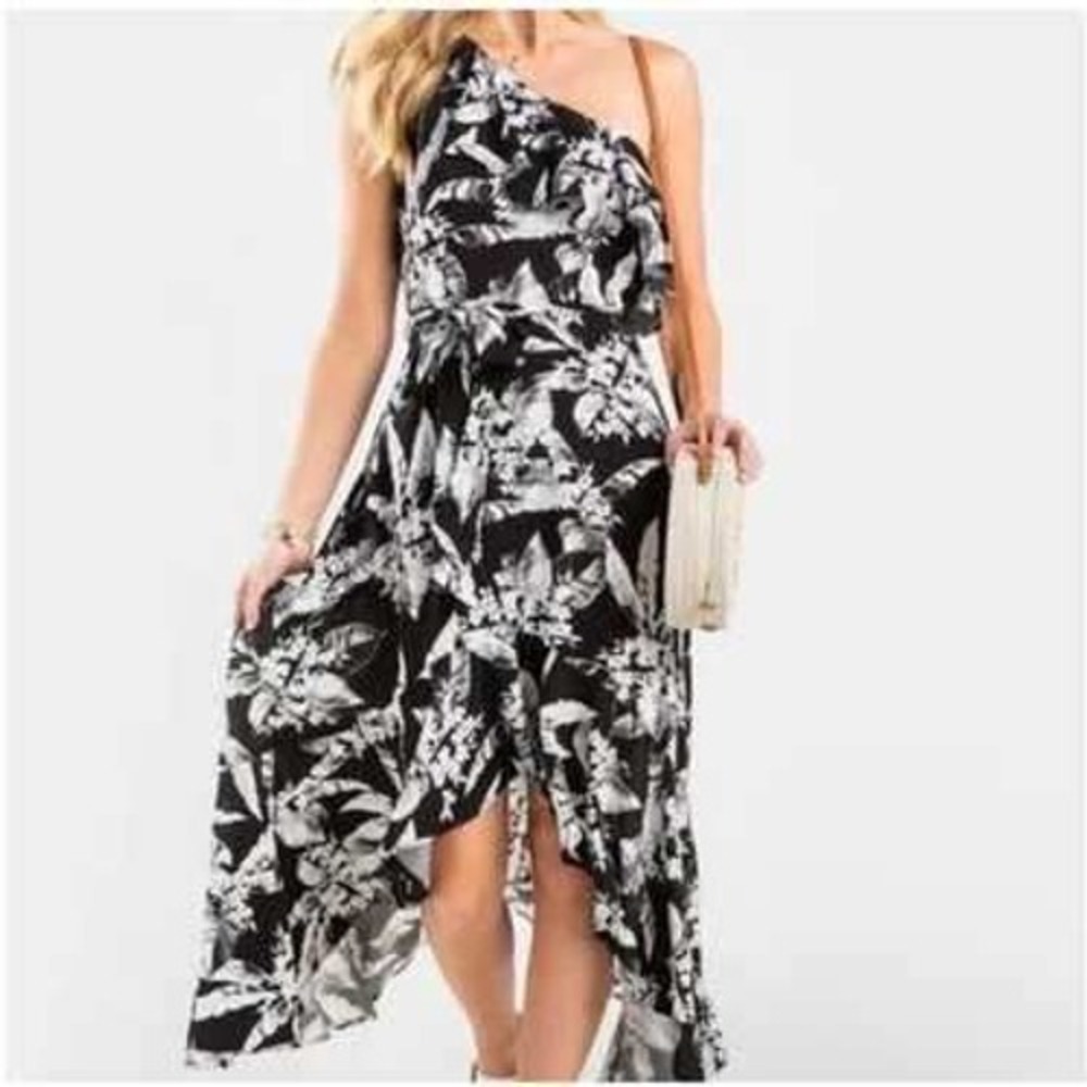Mi Ami Women Black White Tropical Floral One Shoulder High Low Maxi Dress L